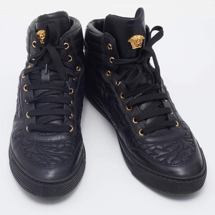 Pre Owned Versace Black Embroidered Leather Medusa High Top Sneakers Size 45