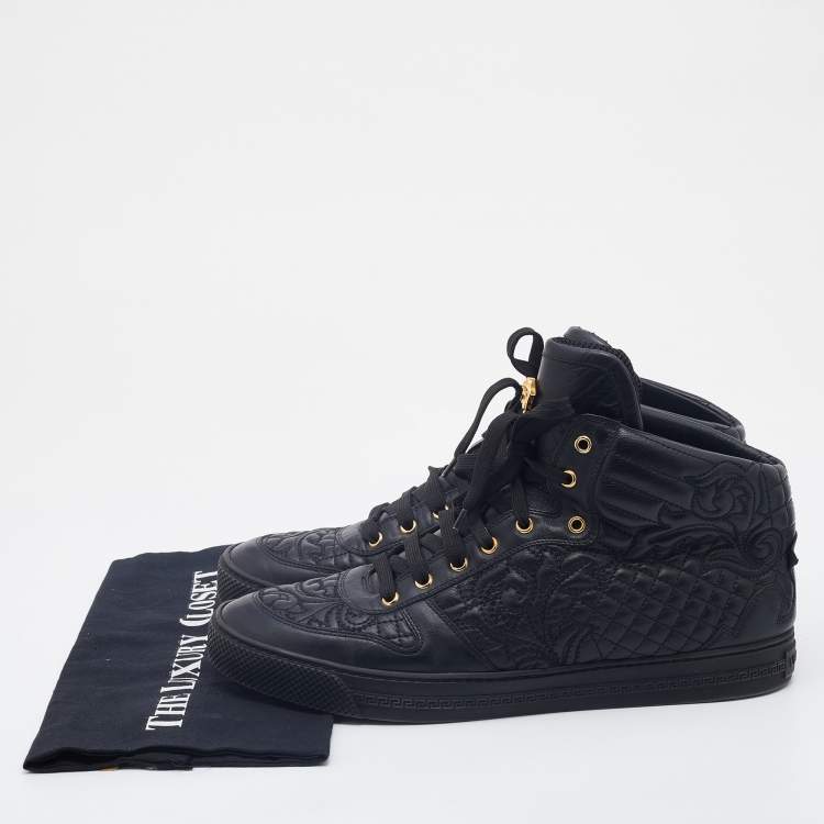 Pre Owned Versace Black Embroidered Leather Medusa High Top Sneakers Size 45