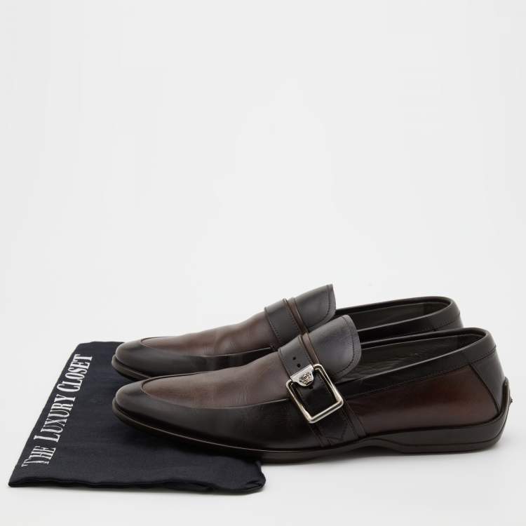 Pre Owned Versace Brown Two Tone Leather Buckle Detail Slip On Loafers Size 41
