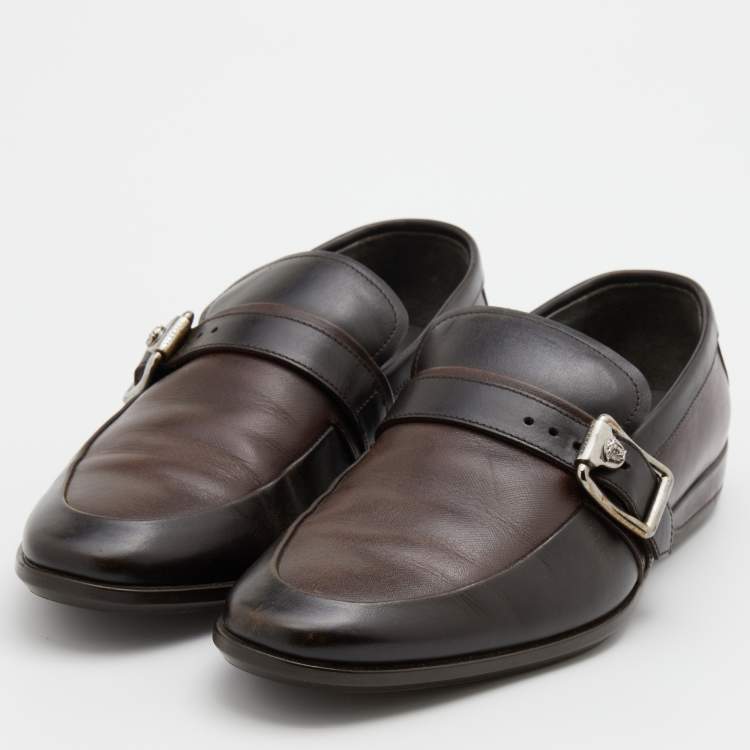 Pre Owned Versace Brown Two Tone Leather Buckle Detail Slip On Loafers Size 41