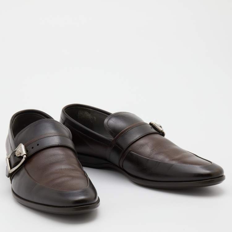 Pre Owned Versace Brown Two Tone Leather Buckle Detail Slip On Loafers Size 41