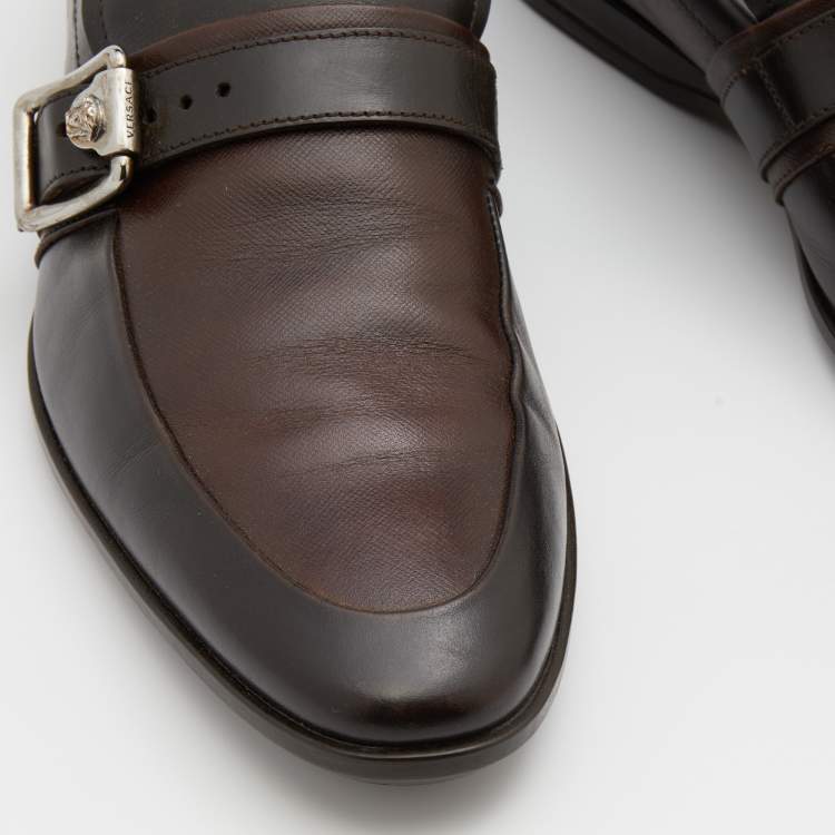 Pre Owned Versace Brown Two Tone Leather Buckle Detail Slip On Loafers Size 41