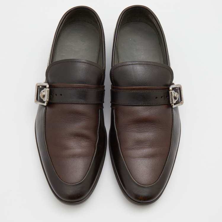 Pre Owned Versace Brown Two Tone Leather Buckle Detail Slip On Loafers Size 41
