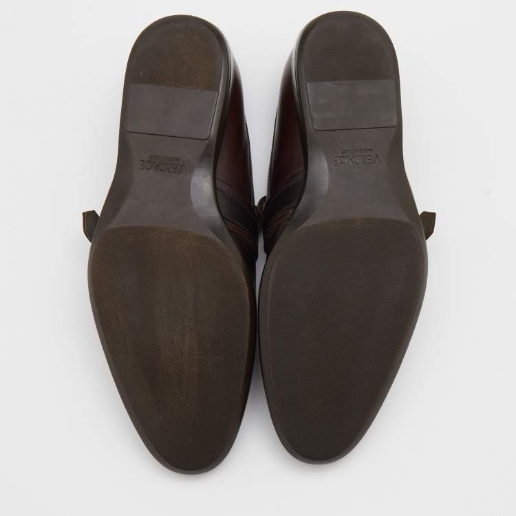 Pre Owned Versace Brown Two Tone Leather Buckle Detail Slip On Loafers Size 41