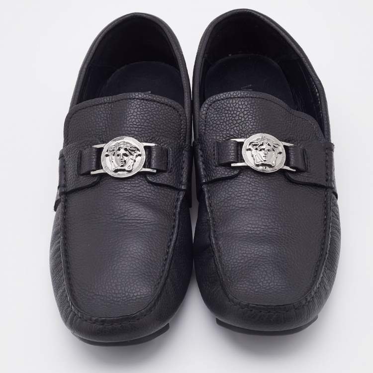 Pre Owned Versace Black Leather Medusa Embellished Slip On Loafers Size 42