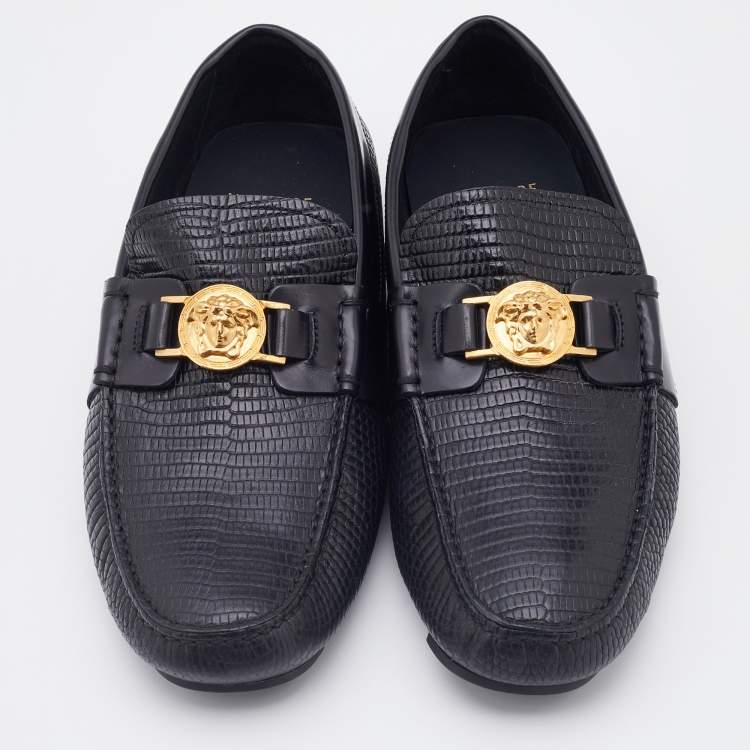 Pre Owned Versace Black Lizard Embossed Leather Medusa Embellished Slip On Loafers Size 41