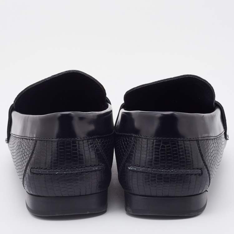 Pre Owned Versace Black Lizard Embossed Leather Medusa Embellished Slip On Loafers Size 41