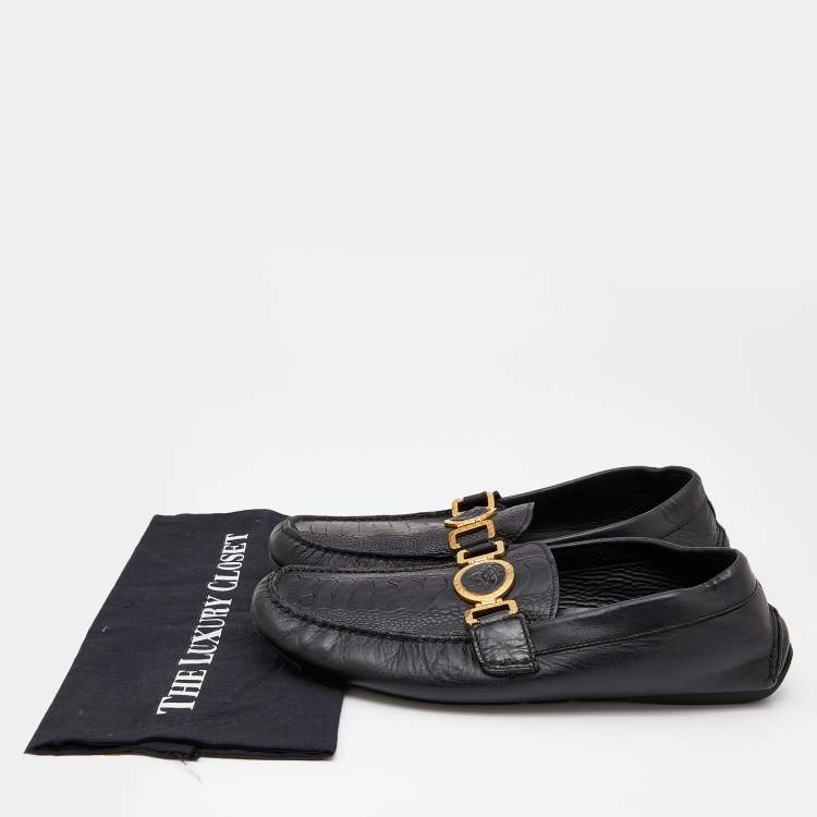 Pre Owned Versace Black Ostrich Leg Leather Medusa Slip On Loafers Size 44