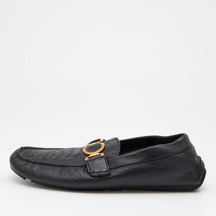 Pre Owned Versace Black Ostrich Leg Leather Medusa Slip On Loafers Size 44
