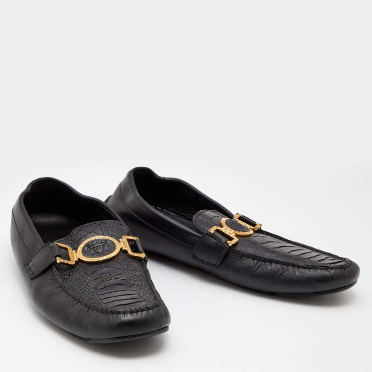 Pre Owned Versace Black Ostrich Leg Leather Medusa Slip On Loafers Size 44