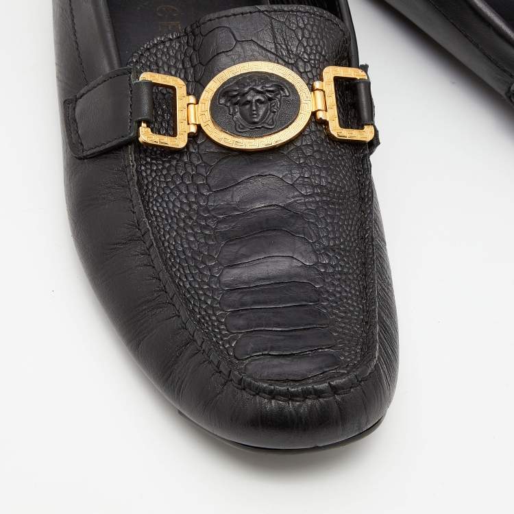 Pre Owned Versace Black Ostrich Leg Leather Medusa Slip On Loafers Size 44