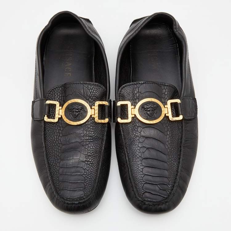 Pre Owned Versace Black Ostrich Leg Leather Medusa Slip On Loafers Size 44
