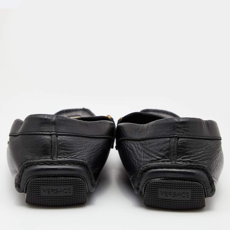 Pre Owned Versace Black Ostrich Leg Leather Medusa Slip On Loafers Size 44