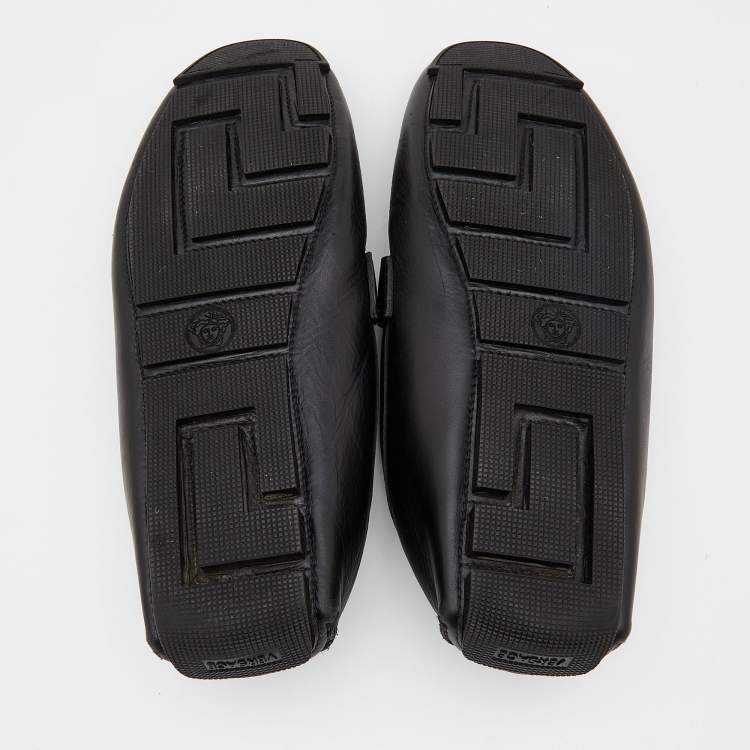 Pre Owned Versace Black Ostrich Leg Leather Medusa Slip On Loafers Size 44