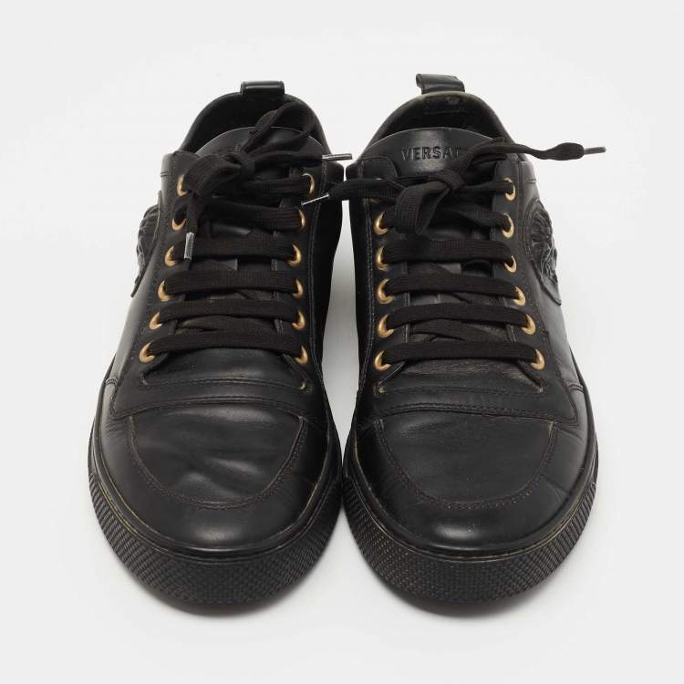Pre Owned Versace Black Leather Medusa Low Top Lace Up Sneakers Size 42 
