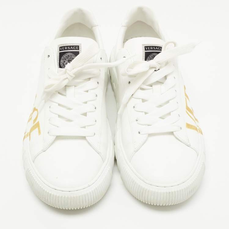 Pre Owned Versace White Leather Greca Logo Sneakers Size 40