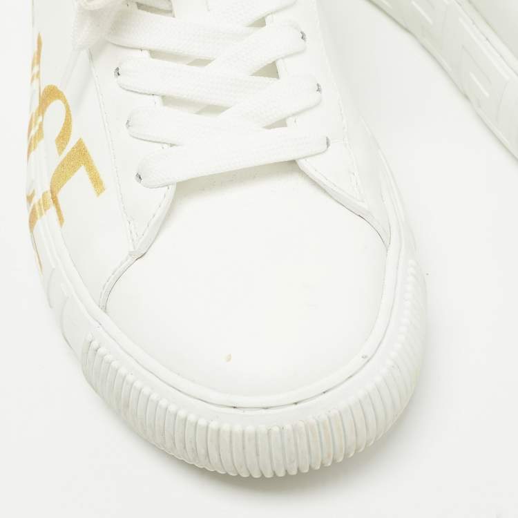 Pre Owned Versace White Leather Greca Logo Sneakers Size 40