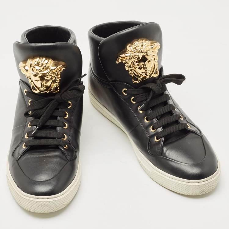 Pre Owned Versace Black Leather Medusa Lace High Top Sneakers Size 42.5