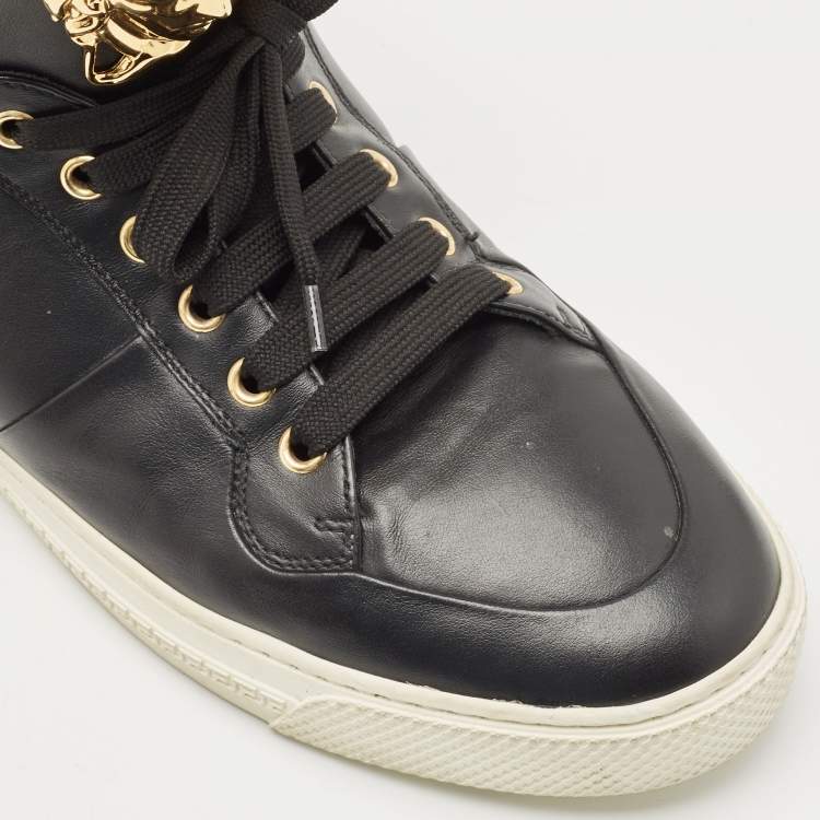 Pre Owned Versace Black Leather Medusa Lace High Top Sneakers Size 42.5