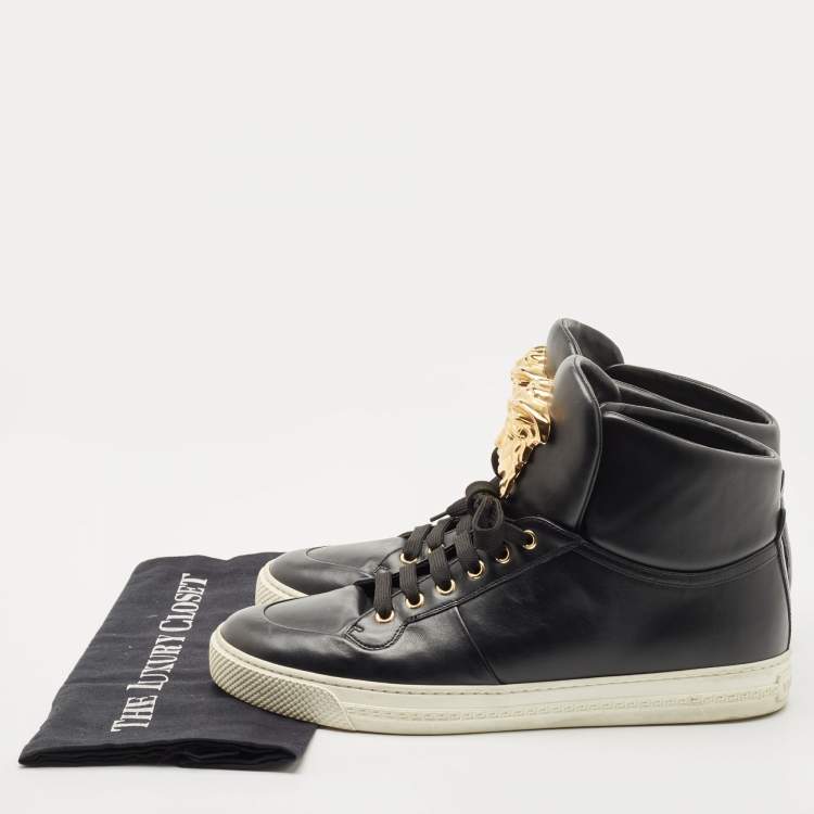 Pre Owned Versace Black Leather Medusa Lace High Top Sneakers Size 42.5