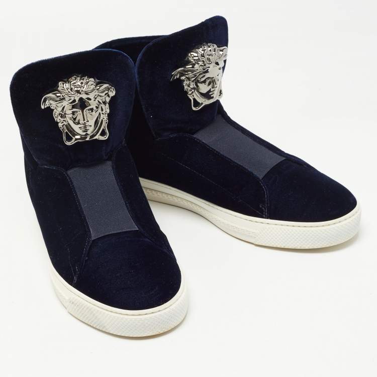 Pre Owned Versace Dark Blue Velvet Palazzo Medusa High Top Sneakers Size 44