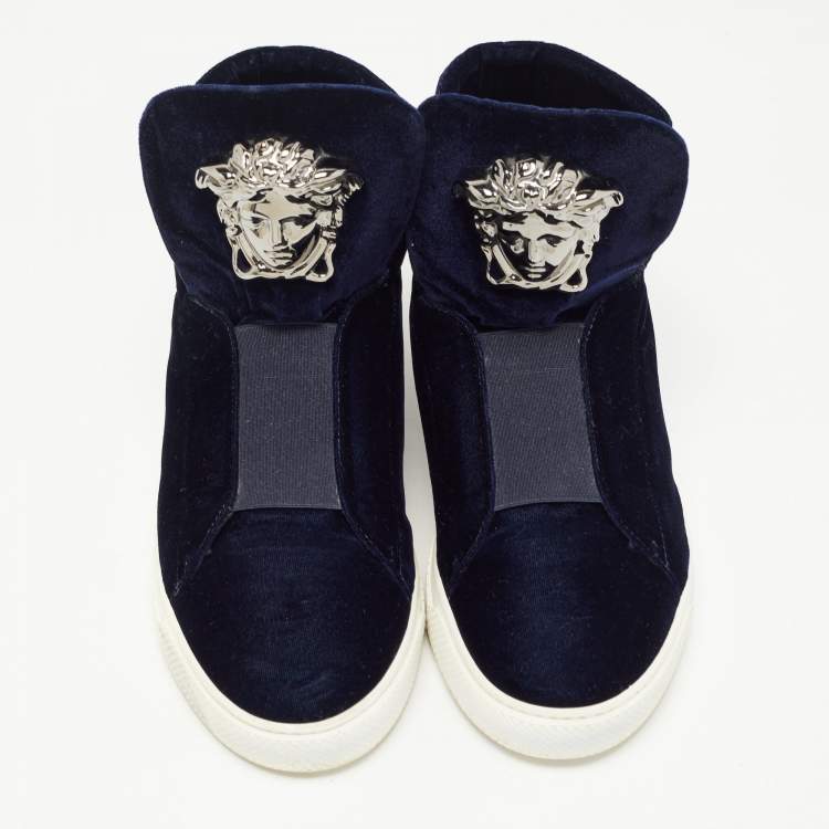 Pre Owned Versace Dark Blue Velvet Palazzo Medusa High Top Sneakers Size 44