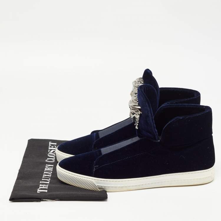 Pre Owned Versace Dark Blue Velvet Palazzo Medusa High Top Sneakers Size 44