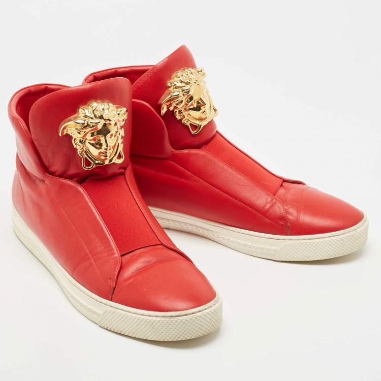Pre Owned Versace Red Leather Palazzo Medusa High Top Sneakers Size 44