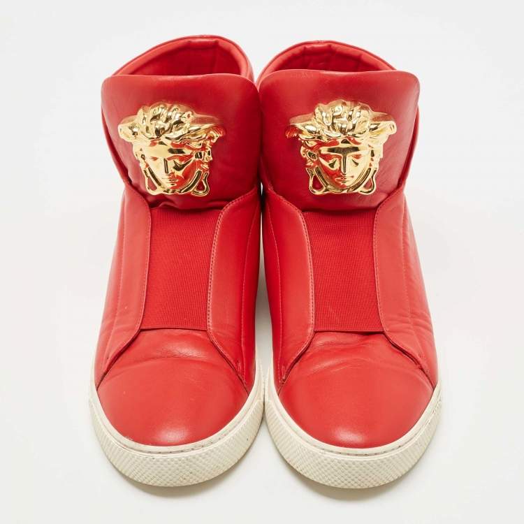 Pre Owned Versace Red Leather Palazzo Medusa High Top Sneakers Size 44