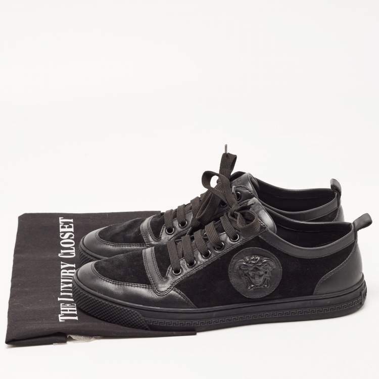 Pre Owned Versace Black Suede and Leather Medusa Low Top Sneakers Size 41.5