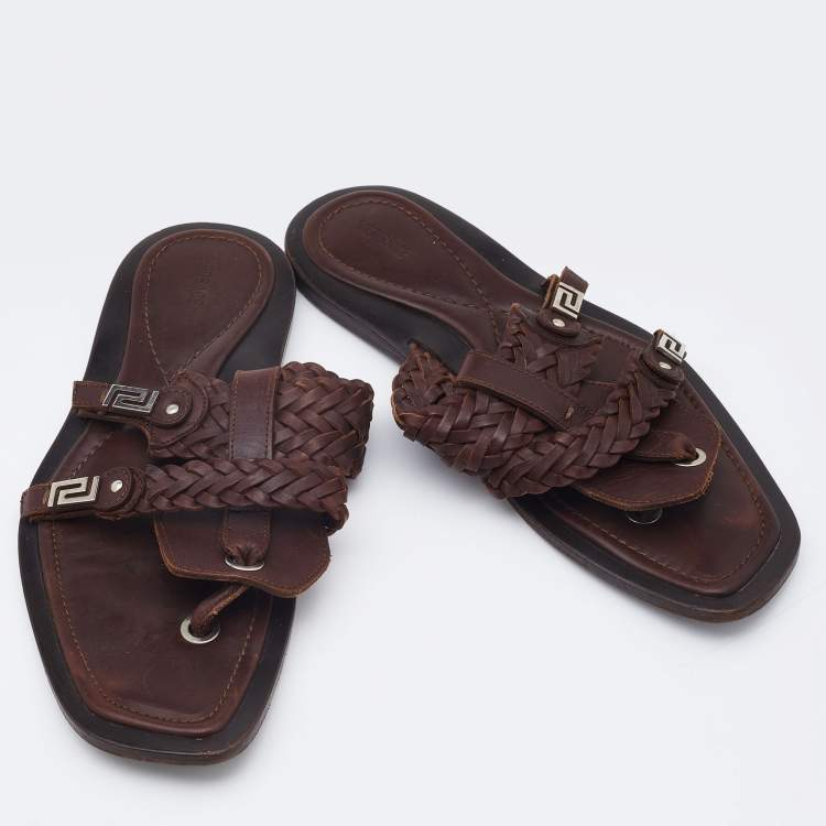 Pre Owned Versace Brown Woven Leather Slide Sandals Size 42