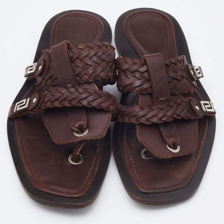 Pre Owned Versace Brown Woven Leather Slide Sandals Size 42