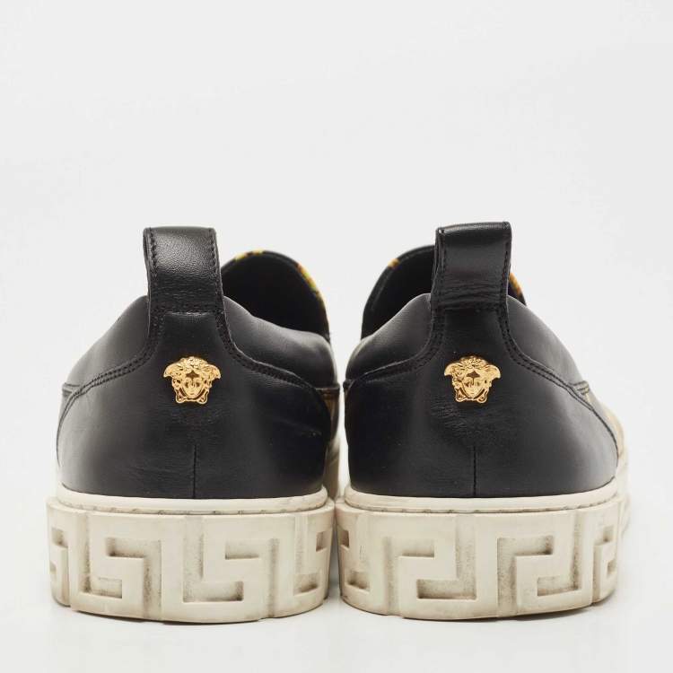 Pre Owned Versace Black/Gold Barocco Printed Leather Slip On Sneakers Size 42