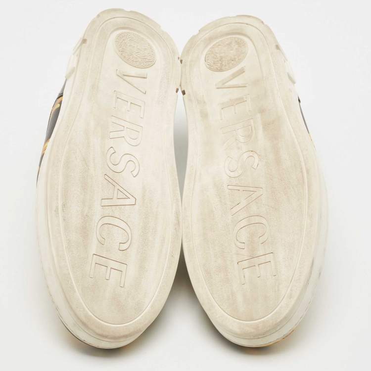 Pre Owned Versace Black/Gold Barocco Printed Leather Slip On Sneakers Size 42