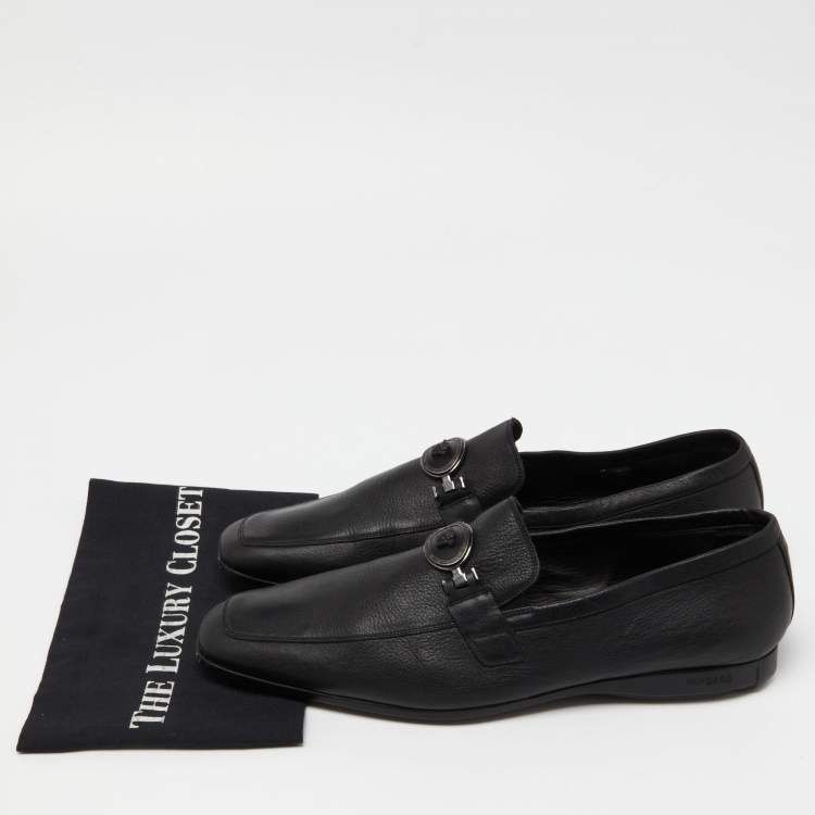 Pre Owned Versace Black Leather Medusa Buckle Slip On Loafers Size 46