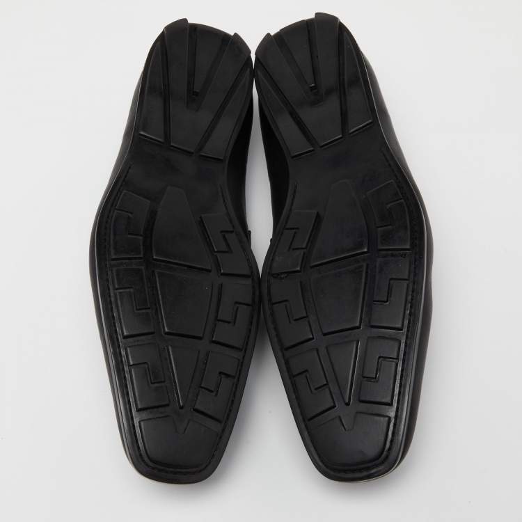 Pre Owned Versace Black Leather Medusa Buckle Slip On Loafers Size 46