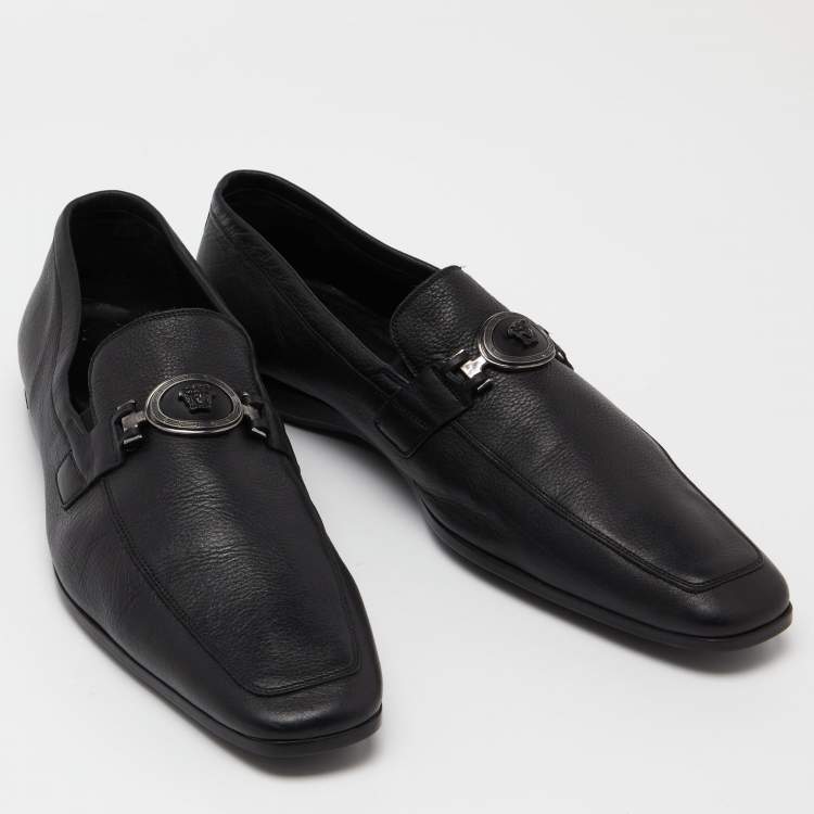 Pre Owned Versace Black Leather Medusa Buckle Slip On Loafers Size 46