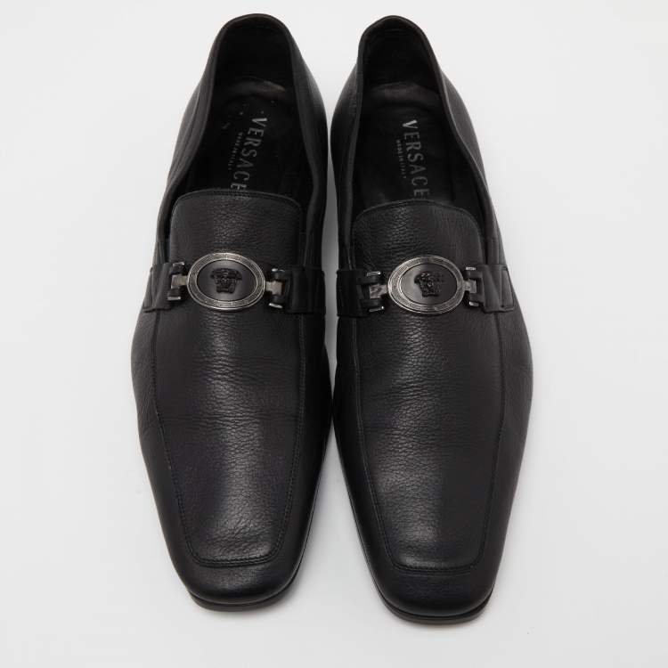 Pre Owned Versace Black Leather Medusa Buckle Slip On Loafers Size 46
