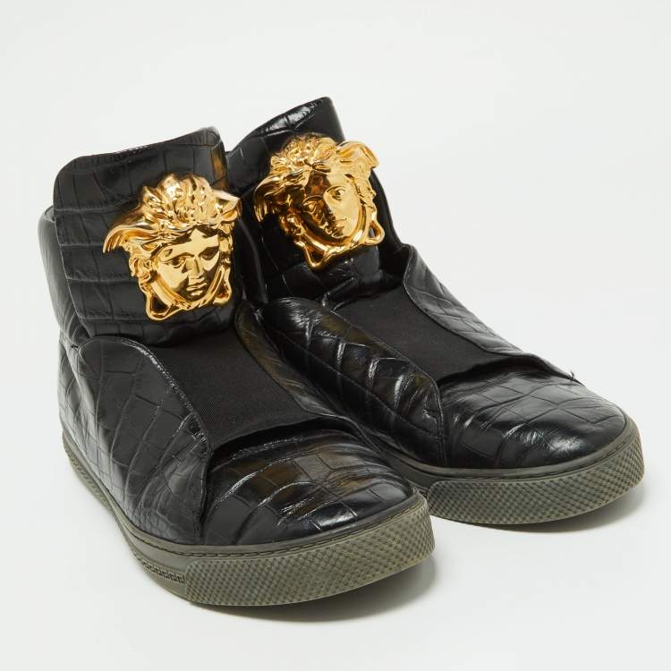Pre Owned Versace Black Croc Embossed Leather Palazzo Medusa High Top Sneakers Size  44 