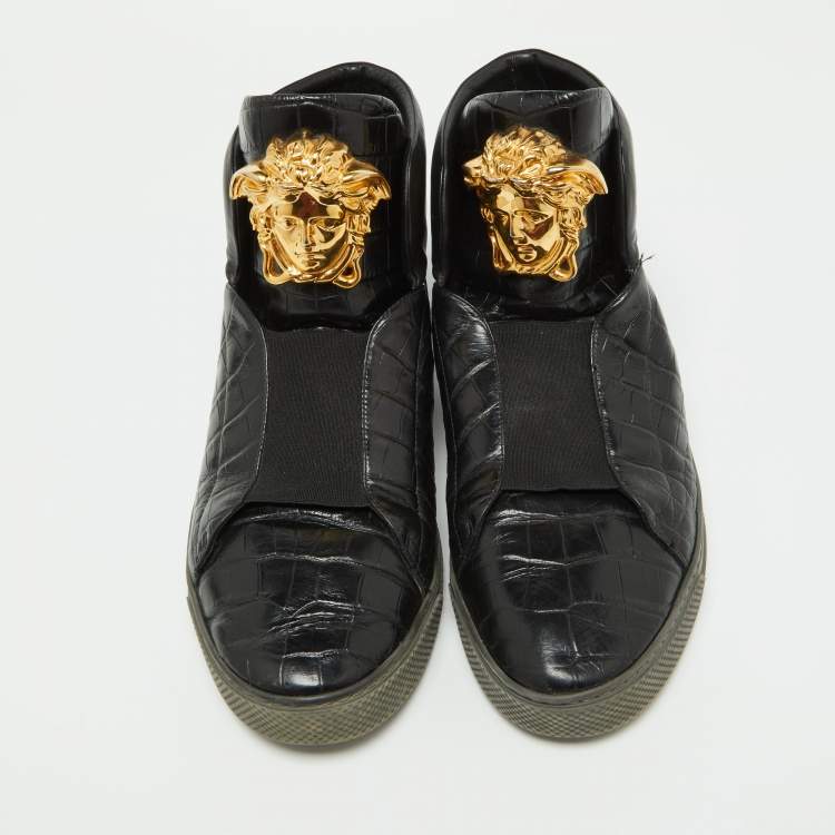 Pre Owned Versace Black Croc Embossed Leather Palazzo Medusa High Top Sneakers Size  44 