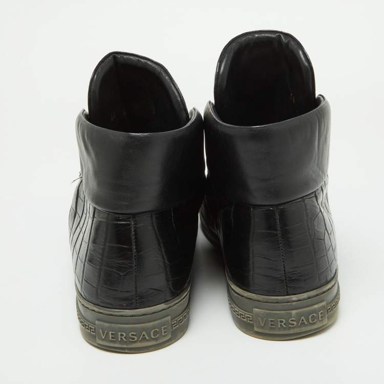 Pre Owned Versace Black Croc Embossed Leather Palazzo Medusa High Top Sneakers Size  44 