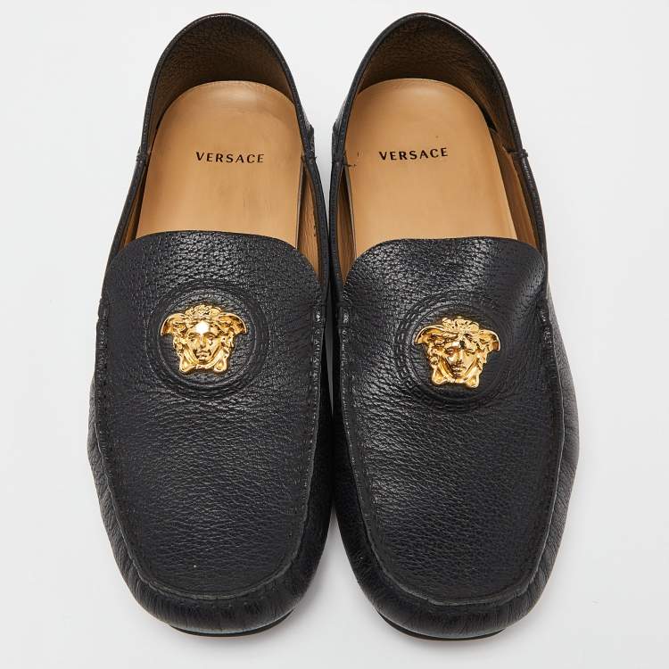 Pre Owned Versace Black Leather Medusa Low Top Loafers Size 43