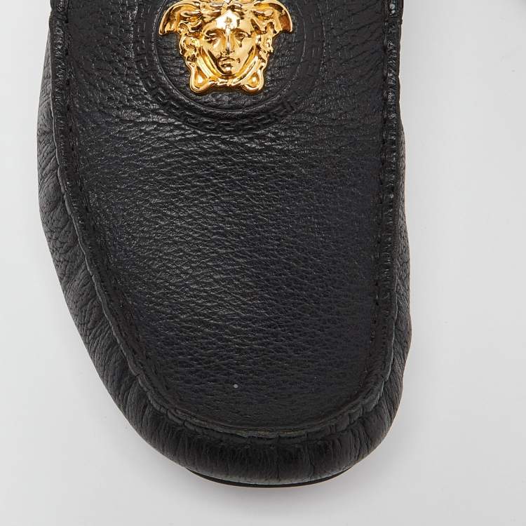 Pre Owned Versace Black Leather Medusa Low Top Loafers Size 43