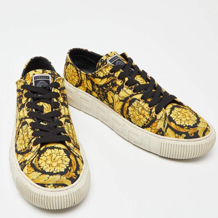 Pre Owned Versace Yellow/Black Canvas Greca Barocco Low Top Sneakers Size 43