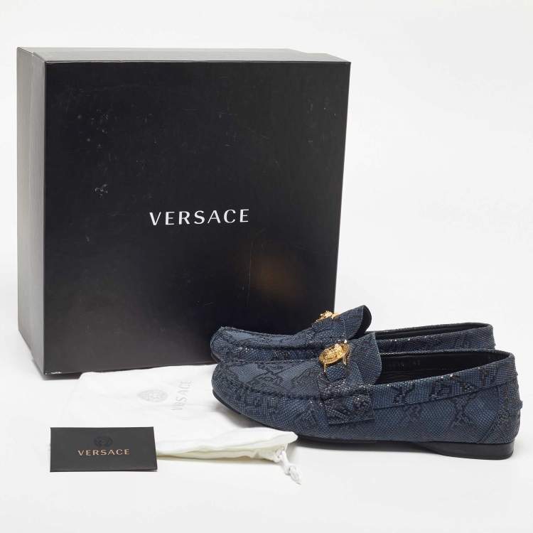 Pre Owned Versace Blue Lizard Embossed Leather Medusa Slip On Loafers Size 43