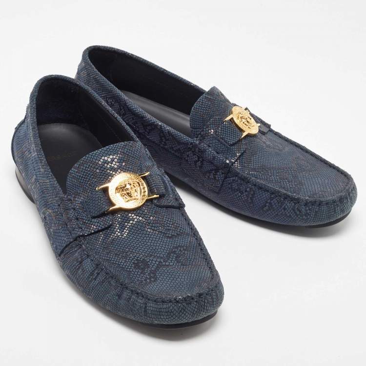 Pre Owned Versace Blue Lizard Embossed Leather Medusa Slip On Loafers Size 43