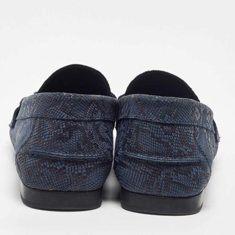Pre Owned Versace Blue Lizard Embossed Leather Medusa Slip On Loafers Size 43