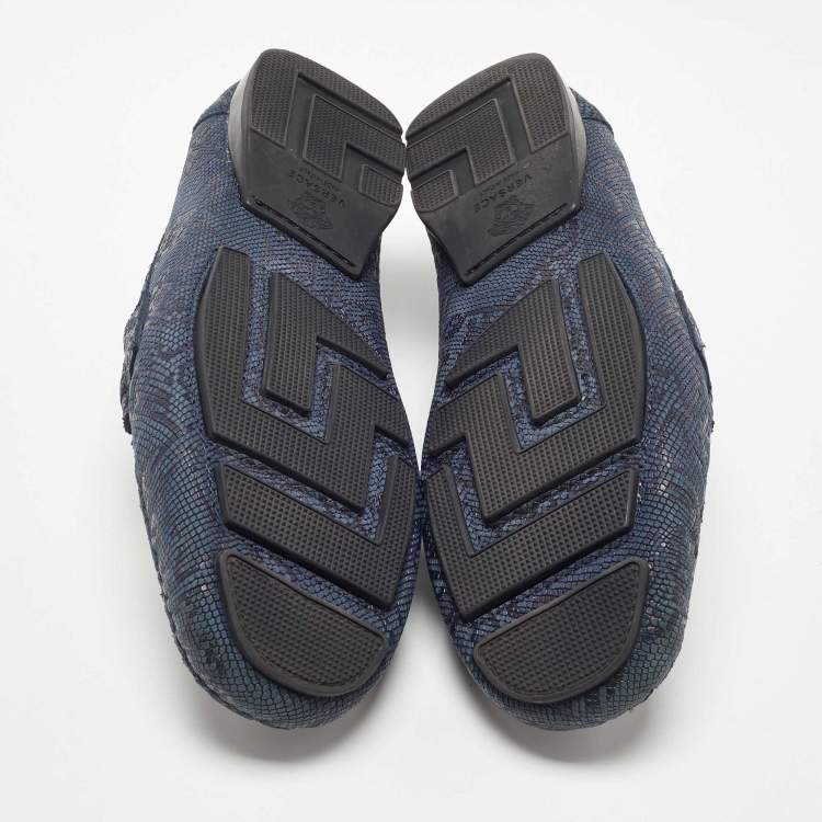 Pre Owned Versace Blue Lizard Embossed Leather Medusa Slip On Loafers Size 43