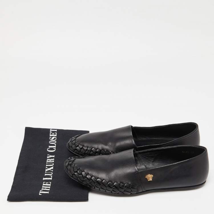 Pre Owned Versace Black Leather Medusa Slip on Loafers Size 42