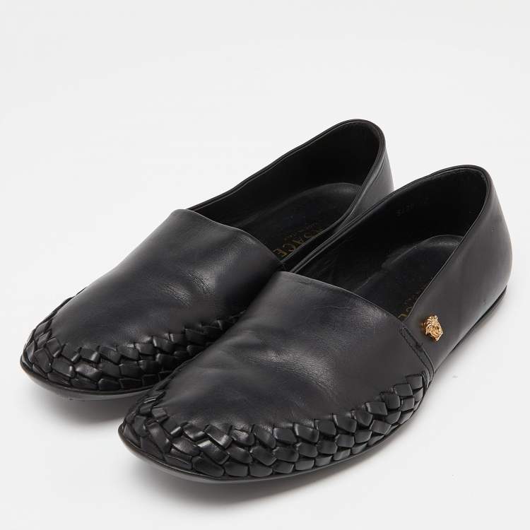 Pre Owned Versace Black Leather Medusa Slip on Loafers Size 42